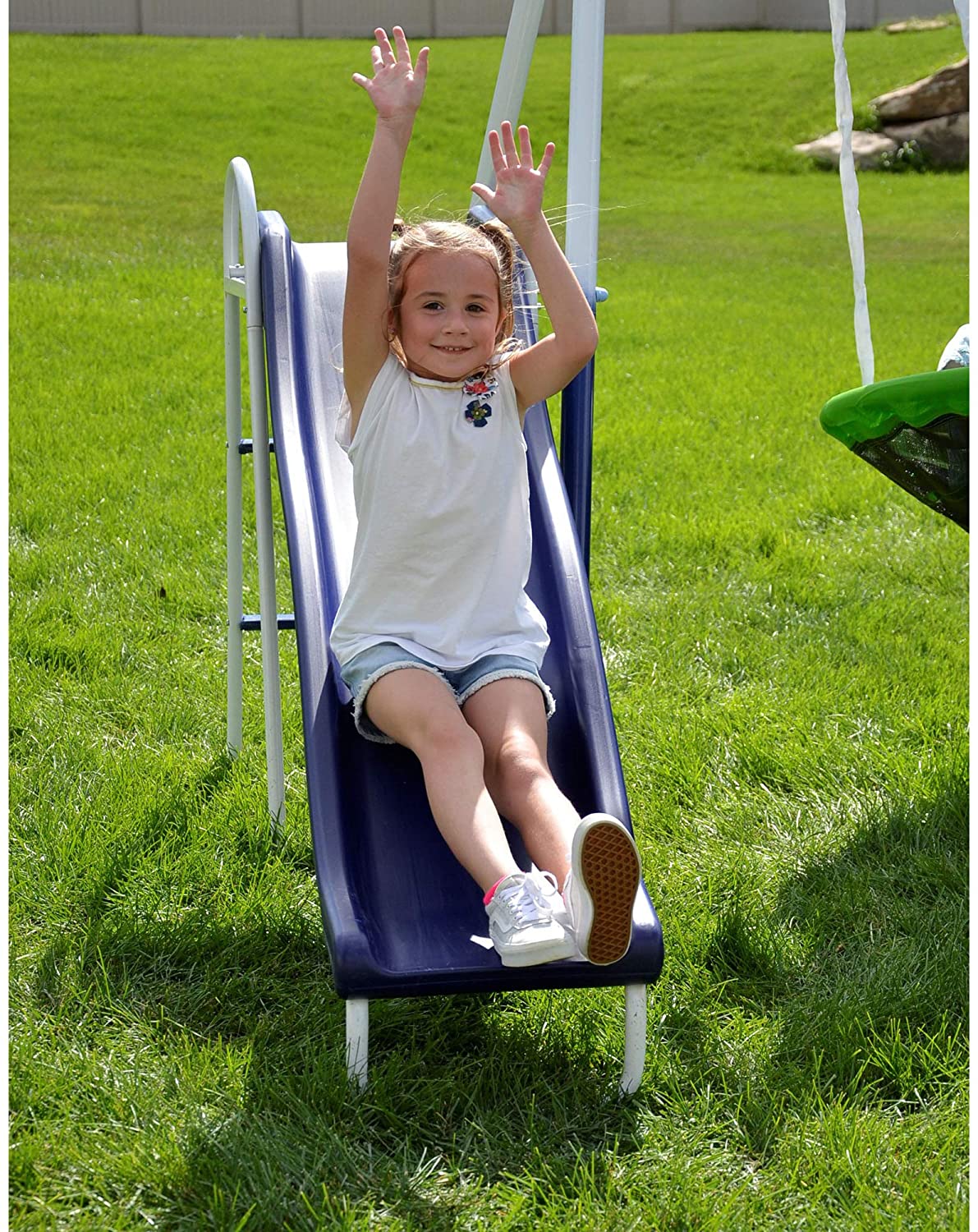 kids metal swing set combo with trampoline attached and slide